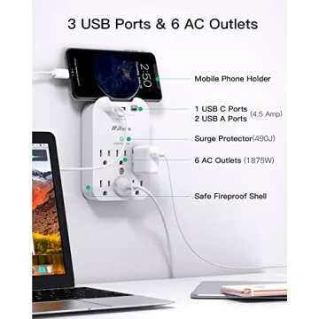 Outlet Extender - Wall Surge Protector with 6 Outlets 3 USB (1 USB C, 2 USB A), Multi Plug Outlet Splitter, Wall Mount Adapter with Top Phone Holder for Home, School, Office (490 Joules)