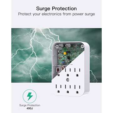 Outlet Extender - Wall Surge Protector with 6 Outlets 3 USB (1 USB C, 2 USB A), Multi Plug Outlet Splitter, Wall Mount Adapter with Top Phone Holder for Home, School, Office (490 Joules)