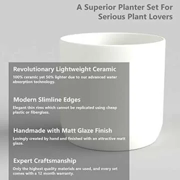 SHPROUT 6 inch (Small), 9 inch (Medium) and 12 inch (Large) - Set of 3 Ivory White Planters, Hand Glazed Ceramic Pots with Drainage Holes and Plug - Modern & Large Planters for Indoor Plants