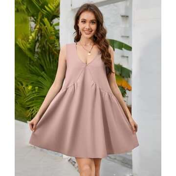 MFAVIP Womens Summer Mini Casual Dress Sleeveless V Neck Solid Color Loose Babydoll Sundress with Po...