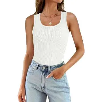 WIHOLL Womens Summer Tops 2024 Scoop Neck Slim Fitted Tank Tops Basic Knit Tees Shirts White Medium