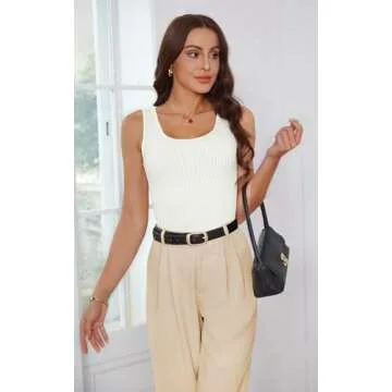 WIHOLL Womens Summer Tops 2024 Scoop Neck Slim Fitted Tank Tops Basic Knit Tees Shirts White Medium