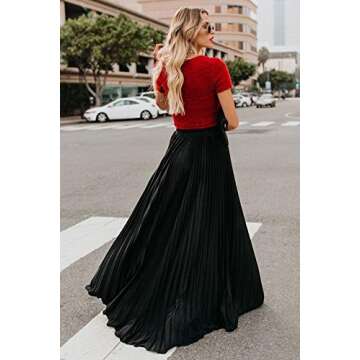 ebossy Women's High Waist Flowy Pleated Chiffon Maxi Skirt