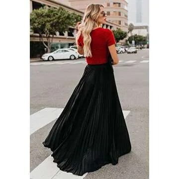 ebossy Women's High Waist Flowy Pleated Chiffon Maxi Skirt