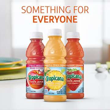 Tropicana 100% Juice, 3 flavor, 10 fl oz (Pack of 24) - Pineapple Peach Mango Juice, Fruit Medley, Strawberry Orange Juice