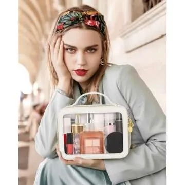 Soimeat Clear Makeup Bag, Portable Travel Cosmetic Bags, Multipurpose Leather Toiletry Bag with Zipper, Waterproof Transparent Cosmetic Organizer for Women, Medium, Beige