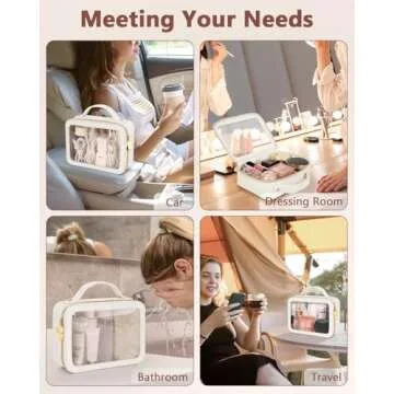 Soimeat Clear Makeup Bag, Portable Travel Cosmetic Bags, Multipurpose Leather Toiletry Bag with Zipper, Waterproof Transparent Cosmetic Organizer for Women, Medium, Beige