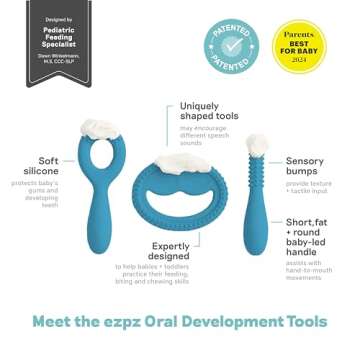 ezpz Oral Development Tools - 3 Months+ (3 Pack in Blue) - Non-Slip Loop, Smile and Stick, 100% Sili...