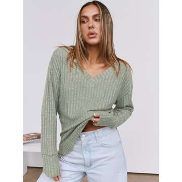ANRABESS Women's V Neck Casual Long Sleeve Sweater