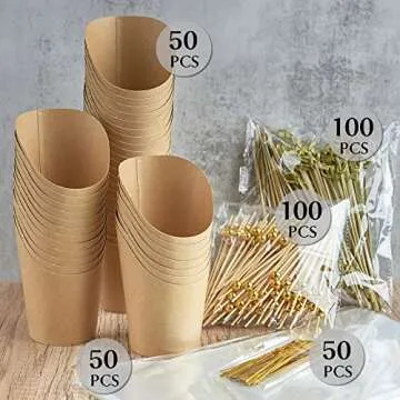 Ocmoiy Charcuterie Cups with Sticks and Bags, Brown Disposable 14 oz Kraft Paper Appetizer Cups, Individual Party Serving Snack Cups (50 Cups, 200 Picks, 50 bags)