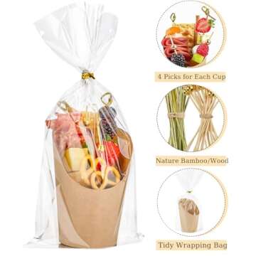 Ocmoiy Charcuterie Cups with Sticks and Bags, Brown Disposable 14 oz Kraft Paper Appetizer Cups, Individual Party Serving Snack Cups (50 Cups, 200 Picks, 50 bags)