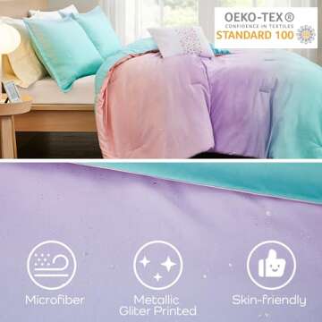 MI ZONE Twin Comforter Set Reversible Bed Comforter Metallic Glitter Ombre Printed for Dorm College Girls, All Season Bedding Set, Sham & Toss Pillow