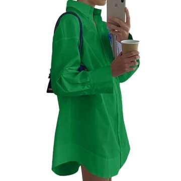 LYANER Women's Casual Shirts Dress Collar V Neck Button Down Loose Long Sleeve Mini Dresses Green X-Large
