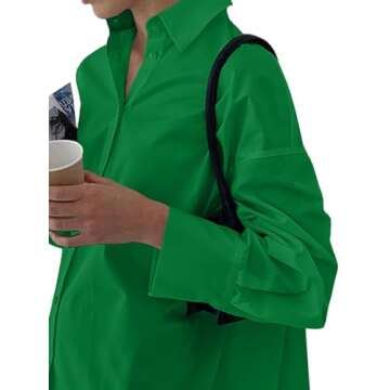 LYANER Women's Casual Shirts Dress Collar V Neck Button Down Loose Long Sleeve Mini Dresses Green X-Large
