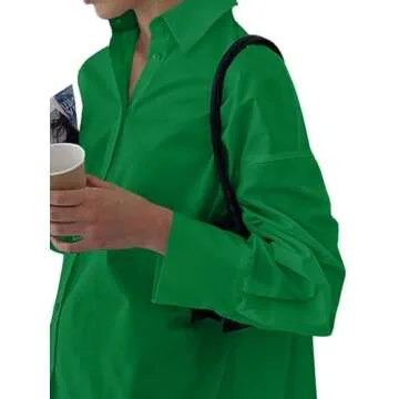 LYANER Women's Casual Shirts Dress Collar V Neck Button Down Loose Long Sleeve Mini Dresses Green X-Large