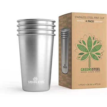 Greens Steel #1 Premium Stainless Steel Cup, 475 ml Pint Cups (4 Pack) - Stackable, Durable, Eco-Fri...