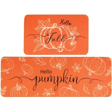 Hello Pumpkin Harvest Themed Kitchen Mats Set of 2 Thanksgiving Fall Pumpkin Themed Kitchen Rug Wate...