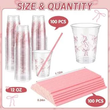 Qinyoung 100 Pack Pink Bow Plastic Cups with Paper Straws 12 oz Disposable Coquette Coffee Cups Pink...