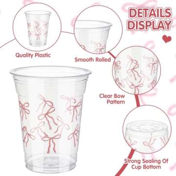 Qinyoung 100 Pack Pink Bow Plastic Cups with Paper Straws 12 oz Disposable Coquette Coffee Cups Pink Bowknot Drinking for Baby Shower Birthday Bachelorette Wedding Bridal Shower Party Supplies