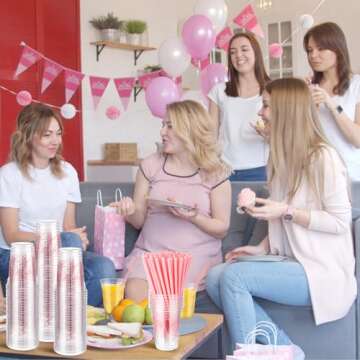 Qinyoung 100 Pack Pink Bow Plastic Cups with Paper Straws 12 oz Disposable Coquette Coffee Cups Pink Bowknot Drinking for Baby Shower Birthday Bachelorette Wedding Bridal Shower Party Supplies