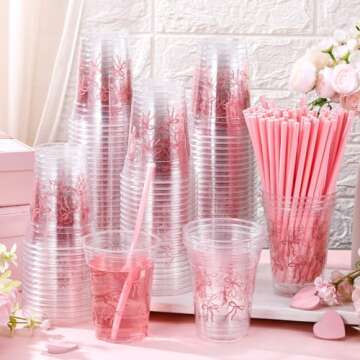Qinyoung 100 Pack Pink Bow Plastic Cups with Paper Straws 12 oz Disposable Coquette Coffee Cups Pink Bowknot Drinking for Baby Shower Birthday Bachelorette Wedding Bridal Shower Party Supplies