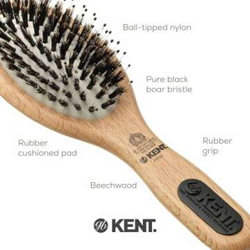 Kent PF02 Small Cushion Detangler Brush – Boar Bristle & Nylon Mix for Smoothing and Straightening Oval Wood Paddle for Medium to Long Hair