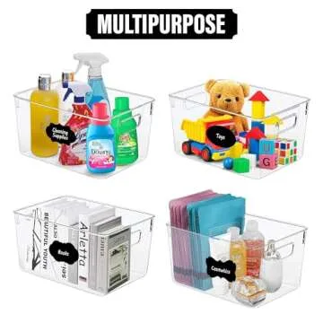 Clear Plastic Storage Bins with Labels, Home Laundry Room Freezer Refrigerator Pantry Organizers and Storage Containers Fridge Organizer Bathroom Organization Cabinet Medicine Bin for organizing