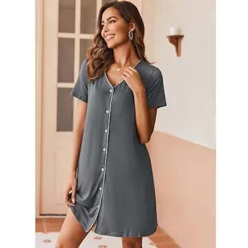 Ekouaer Nightgowns for Women 2 Pack Button Down Sleepshirt Short Sleeve Nightshirt Soft Sleepwear V Neck Pajama Dress Black/Grey XXL