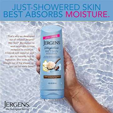 Jergens Wet Skin Body Moisturizer with Shea Butter Oil, Pure Shea Butter In Shower Bod Lotion, Moisturizer for Dry Skin, Fast-Absorbing, Non-Sticky, Dermatologist Tested, 10 Oz