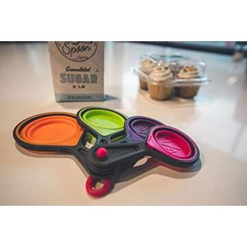 Collapsible Measuring Cups and Nesting Spoons - Adjustable Silicone for Cooking, used for Liquid and Dry Kitchen Items - Portable Portion Control, Dog Food, Kids, Travel, Camper, Space-Saving - 1 Set