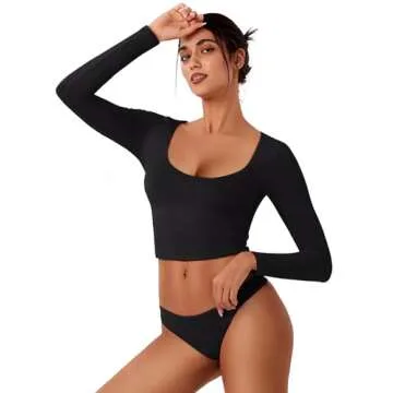 REORIA Women's Long Sleeve Scoop Neck Shirts Slim Double Lined Fashion Layering Fall Basic Crop Tops