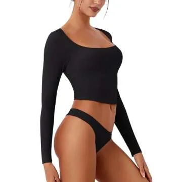 REORIA Women's Long Sleeve Scoop Neck Shirts Slim Double Lined Fashion Layering Fall Basic Crop Tops