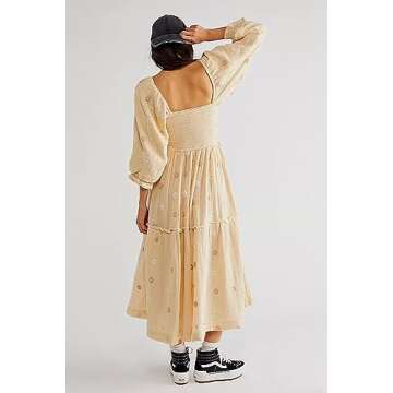 Chloefairy Women's Flower Embroidered Maxi Dress Lantern Sleeve Square Neck Tiered Flowy Spring Fall...