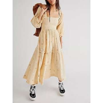 Chloefairy Women's Flower Embroidered Maxi Dress Lantern Sleeve Square Neck Tiered Flowy Spring Fall Dress (as1, Alpha, m, Regular, Regular, Apricot)