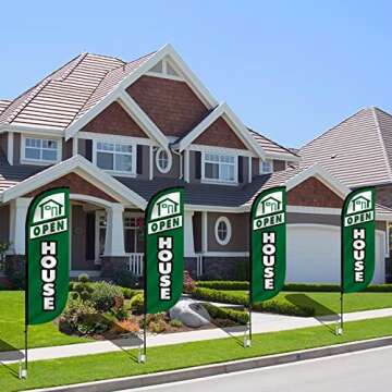 LookOurWay Feather Flag Set 4-Pack - 5ft Tall Open House Sign for Real Estate Advertising - Includes 4 Banner Flags, 4 Pole Sets, and 4 Ground Spikes (Green,10M5000078)