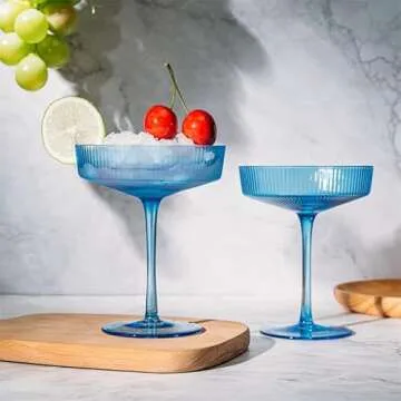 Vintage Art Deco Coupe Glasses, Martini, Champagne & Cocktail Ribbed Glass 7 oz | Set of 2 | Crystal, Manhattan, Cosmopolitan, Sidecar Cocktail Glassware for Champagne , Ripple Glassware - Gift Box
