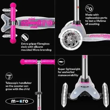 Micro Kickboard - Mini Deluxe Flux LED 3-Wheeled, Lean-to-Steer, Swiss-Designed Micro Scooter for Preschool Kids with LED Light-up Wheels, Ages 2-5 (Pink Flux)