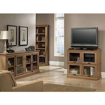 Sauder Barrister Lane Stand Console Credenza with Storage Glass Doors, 70", For TV's up to 80", Salt Oak