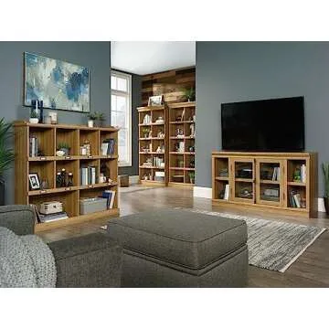 Sauder Barrister Lane Stand Console Credenza with Storage Glass Doors, 70", For TV's up to 80", Salt Oak