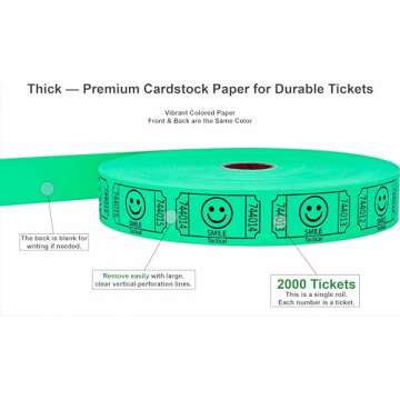 Tacticai 2000 Raffle Tickets, Smile, Green (8 Color Selection), Single Roll, Ticket for Events, Entr...