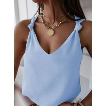 Essrite Womens Tanks Tops Spring Fall V Neck Knotted Tank Tops Sleeveless Blouses Tunics Shirts Baby Blue L