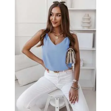 Essrite Womens Tanks Tops Spring Fall V Neck Knotted Tank Tops Sleeveless Blouses Tunics Shirts Baby Blue L