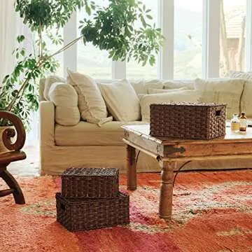 GRANNY SAYS Wicker Baskets with Lids, Set of 3 Decorative Storage Boxes, Woven Basket for Organizing, Storage and Organizer Baskets, Nesting Woven Wicker Storage Basket, Brown, 3-Pack