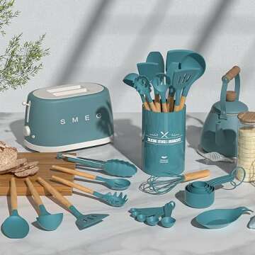 Umite Chef Kitchen Cooking Utensils Set, 33 pcs Non-stick Silicone Utensils Spatula Set with Holder, Silicone Kitchen Gadgets Utensil Set(Dark Blue)