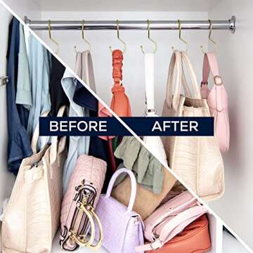 HOME DEPUTY Purse organizer for closet - 6 bag hooks - Gold - Purse hangers for closet with unique twisted hook design which saves space - Your handbags will look great in your closet