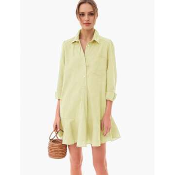 Malajisi Womens Tunic Shirt Dress Long Sleeve Button Down Collared Ruffle Hem Mini Dresses with Pockets(Yellow,M)