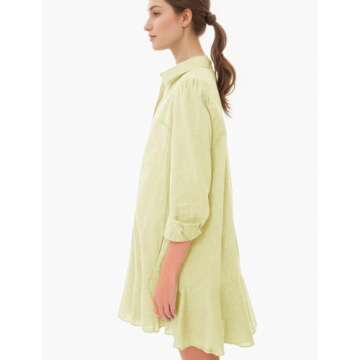 Malajisi Womens Tunic Shirt Dress Long Sleeve Button Down Collared Ruffle Hem Mini Dresses with Pockets(Yellow,M)