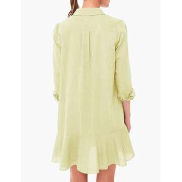 Malajisi Womens Tunic Shirt Dress Long Sleeve Button Down Collared Ruffle Hem Mini Dresses with Pockets(Yellow,M)
