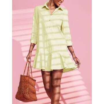 Malajisi Womens Tunic Shirt Dress Long Sleeve Button Down Collared Ruffle Hem Mini Dresses with Pockets(Yellow,M)