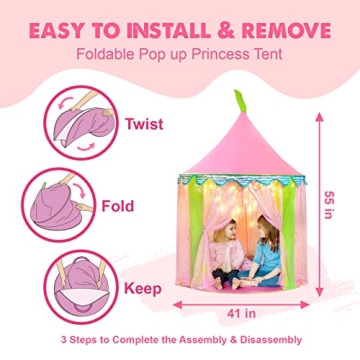 Tiny Land Princess-Tent with Star Lights & Carry Case, Pop Up Play-Tent, Princess Castle Indoor Playhouse, Foldable Kids Play Tent Outdoor, Toddler-Tent for Girls
